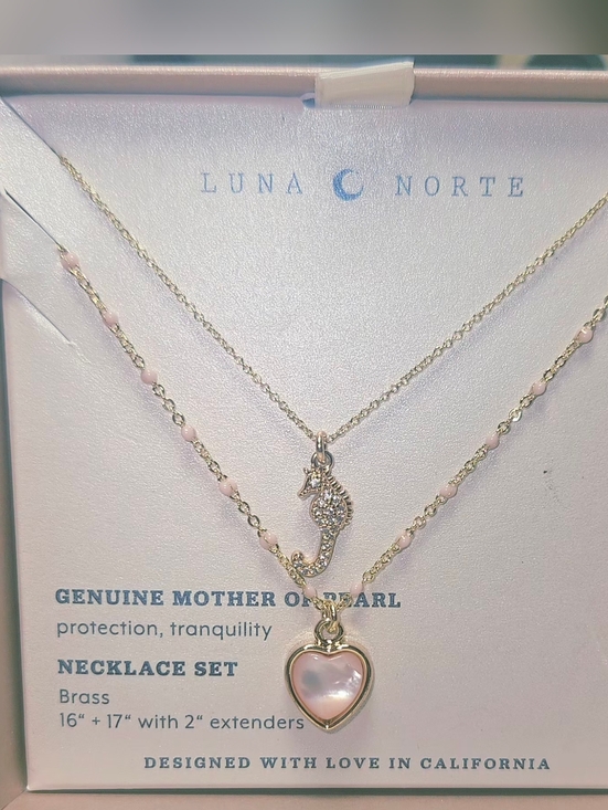 Luna Norte Jewelry - Luna Norte Pink Mother of Pearl Heart & Paved Seahorse Necklace Set